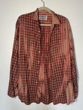 Franklin Flannels Red Orange Bleached Distressed Plaid Flannel Shirt Tennessee